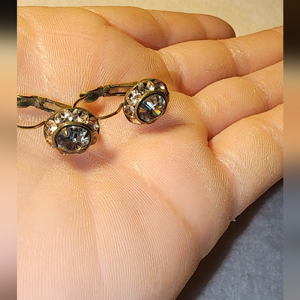 Vintage Gold-Tone Leverback Earrings with Clear Rhinestone Halo